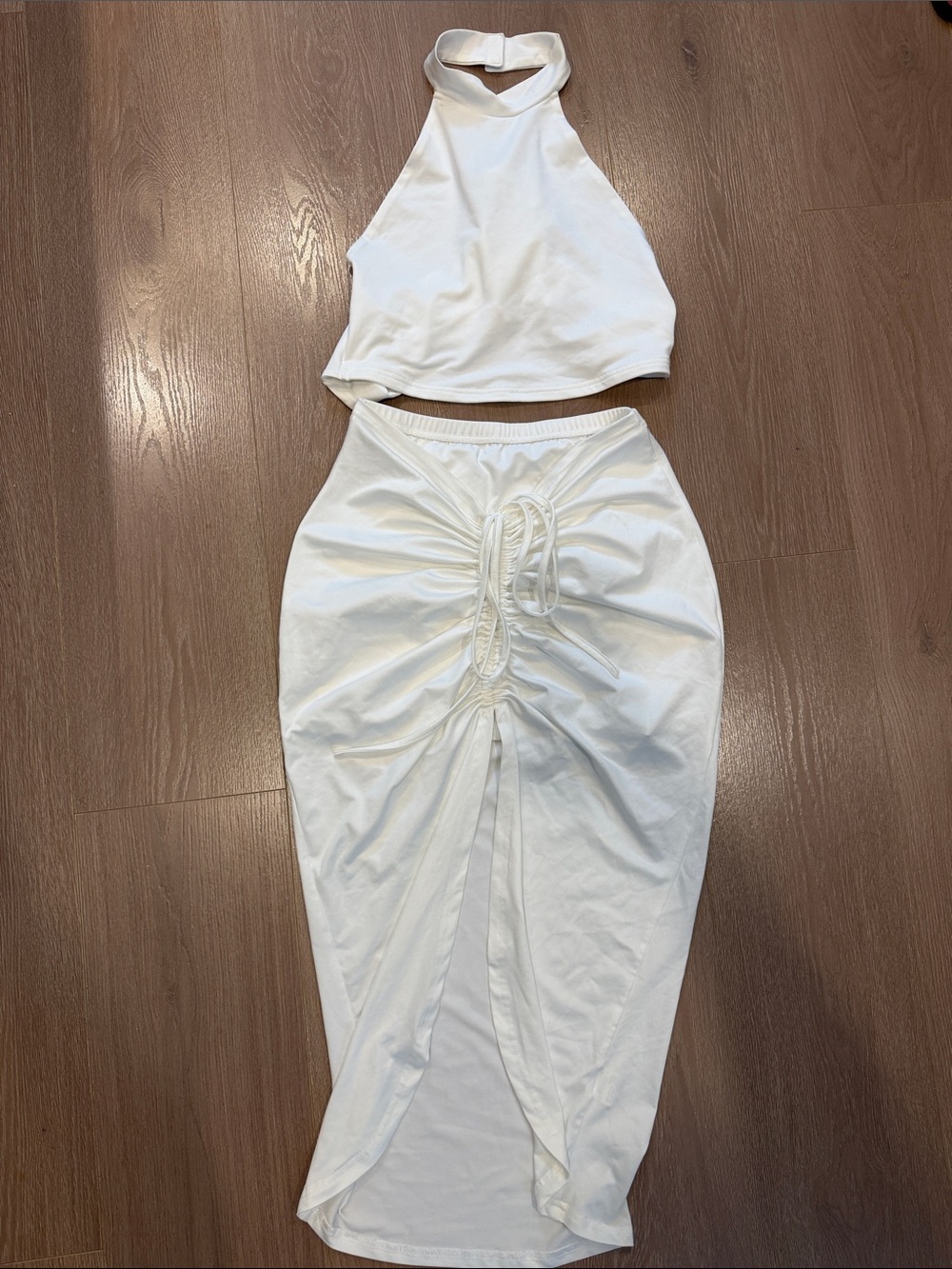SHEIN White Ruched Drawstring Midi Skirt with Halter Crop Top Set